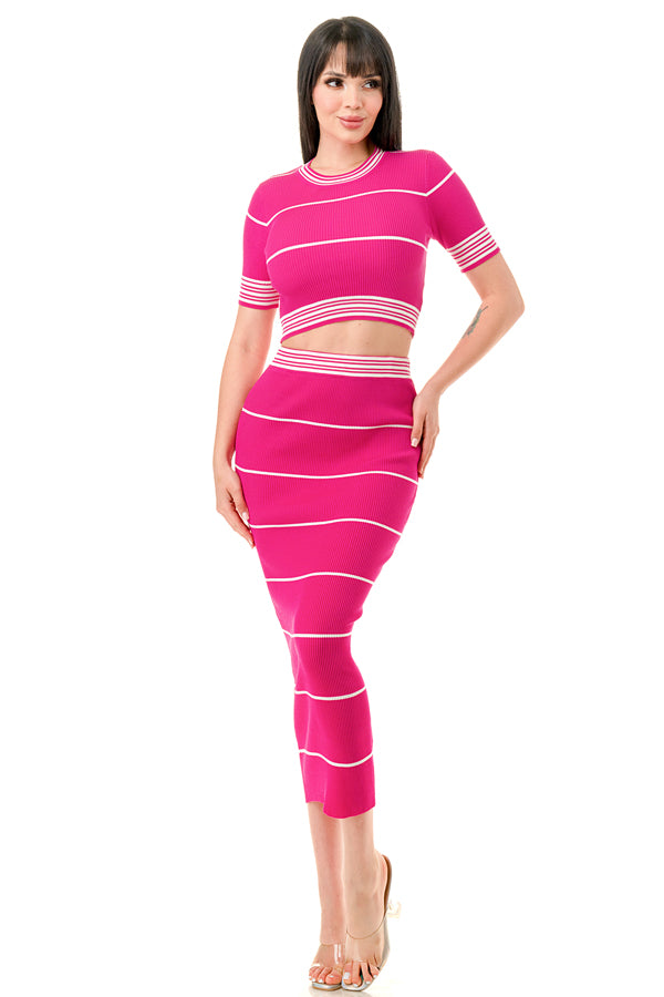 SW3878-Striped Crop Top and Midi Skirt Set