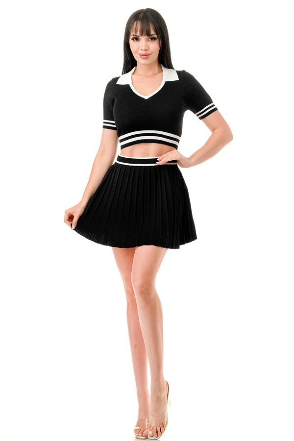 TS1235-Collar Crop Top and Pleated Mini Skirt Set