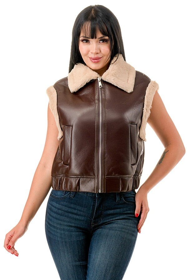 TS662 Sleeveless Collared Cropped Leather Vest