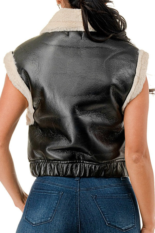 TS662 Sleeveless Collared Cropped Leather Vest