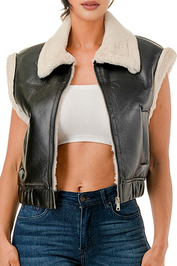 TS662 Sleeveless Collared Cropped Leather Vest