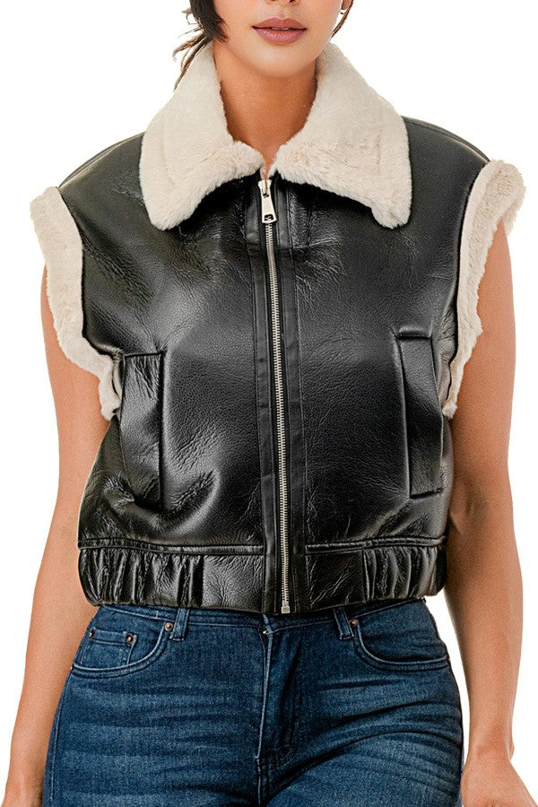 Sleeveless Collared Cropped Leather Vest