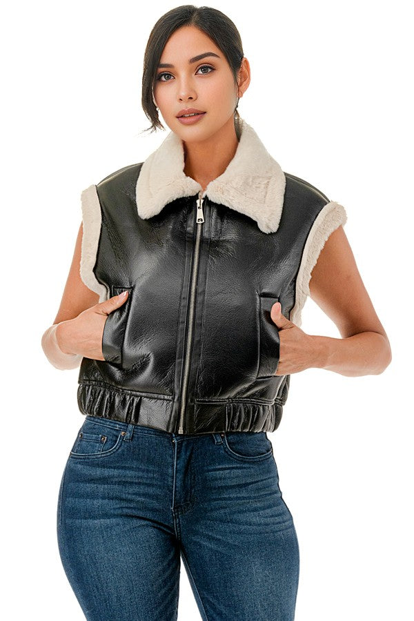 Sleeveless Collared Cropped Leather Vest