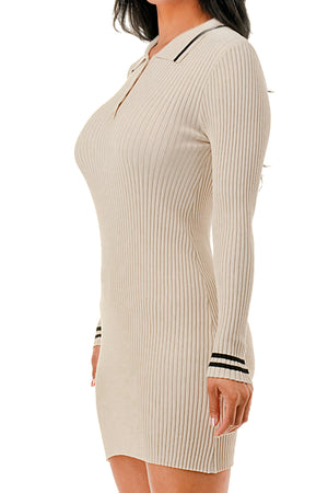 D2304 - Ribbed Knit Mini Dress with Stripe Contrast