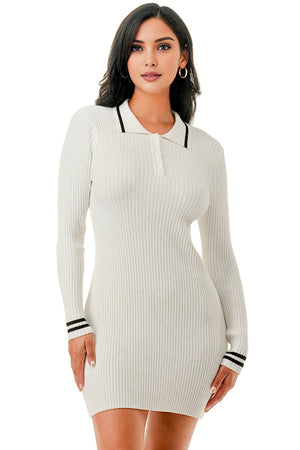 D2304 - Ribbed Knit Mini Dress with Stripe Contrast