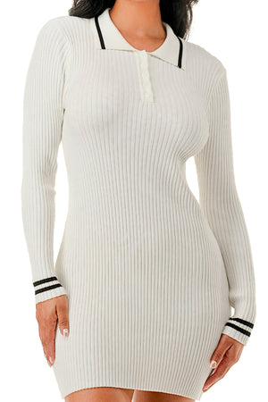 D2304 - Ribbed Knit Mini Dress with Stripe Contrast