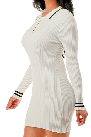 D2304 - Ribbed Knit Mini Dress with Stripe Contrast