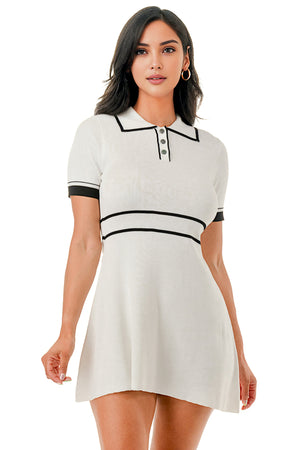 D2305 - Short Sleeve Button Up A Line Knit Dress