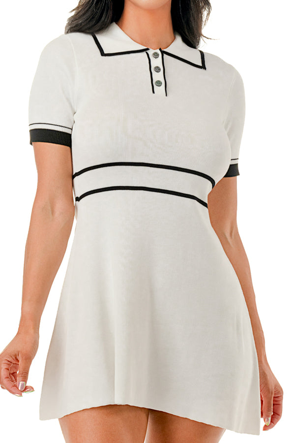 D2305 - Short Sleeve Button Up A Line Knit Dress