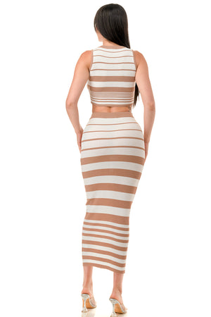 TS1295 - Multi Stripe Crop Top and Maxi Skirt Set