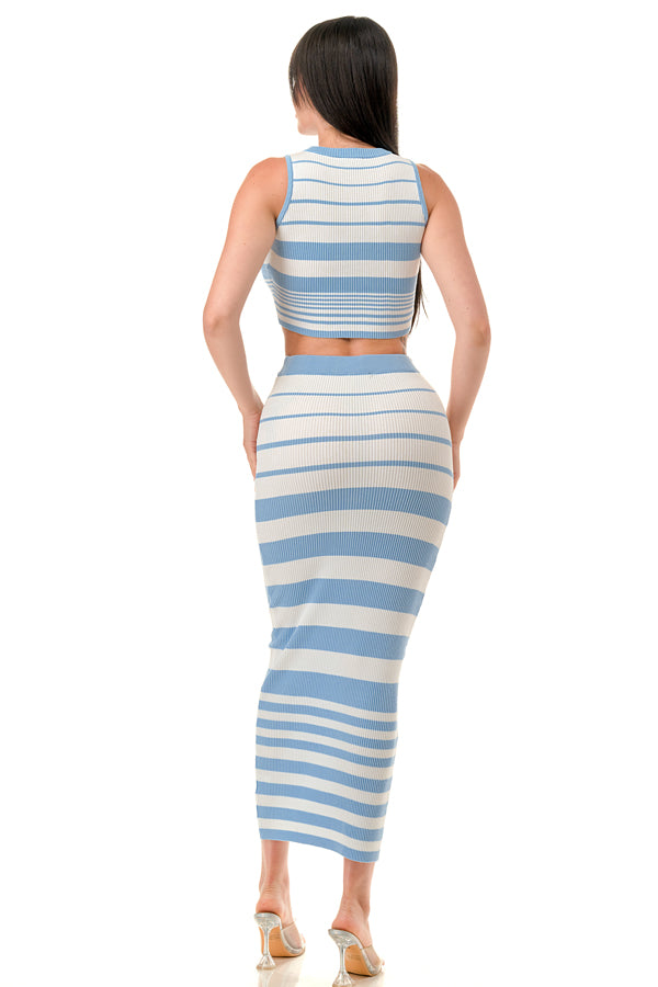 TS1295 - Multi Stripe Crop Top and Maxi Skirt Set