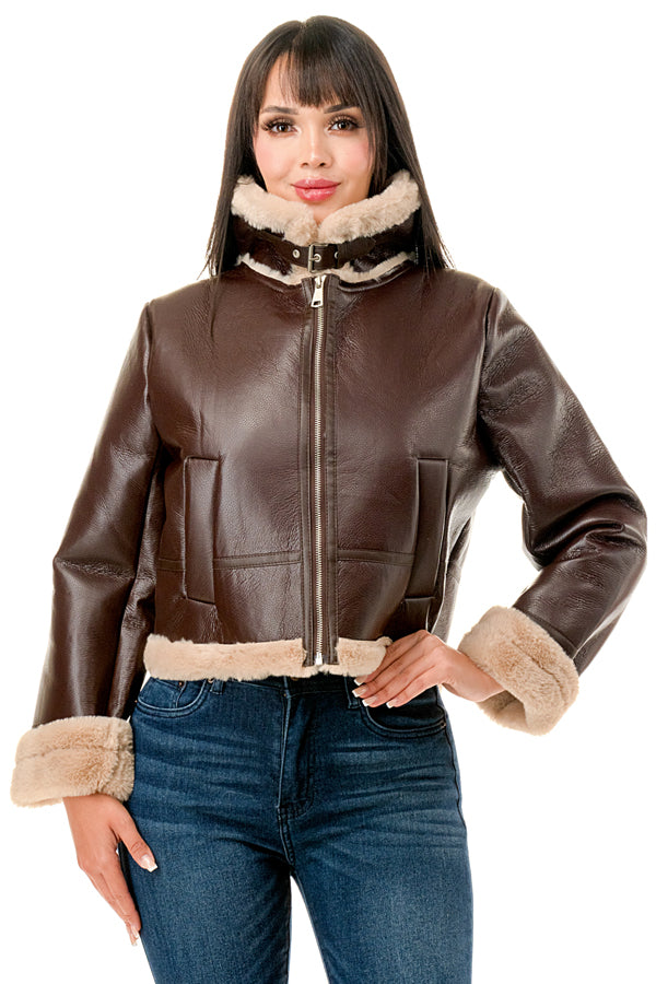 J778 - Fur Lining Leather Zipper Jacket