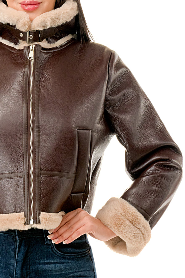 J778 - Fur Lining Leather Zipper Jacket