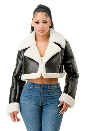 J779 - Asymmetrical Closure Cropped Leather Jacket