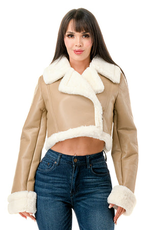 J779 - Asymmetrical Closure Cropped Leather Jacket