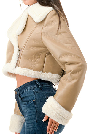 J779 - Asymmetrical Closure Cropped Leather Jacket