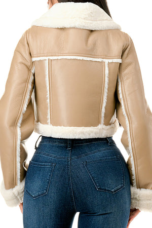 J779 - Asymmetrical Closure Cropped Leather Jacket