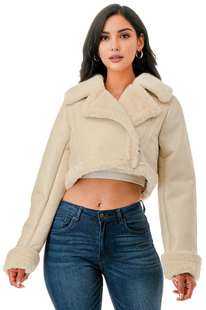 J779 - Asymmetrical Closure Cropped Leather Jacket