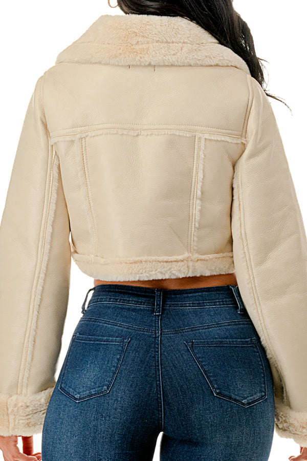 J779 - Asymmetrical Closure Cropped Leather Jacket