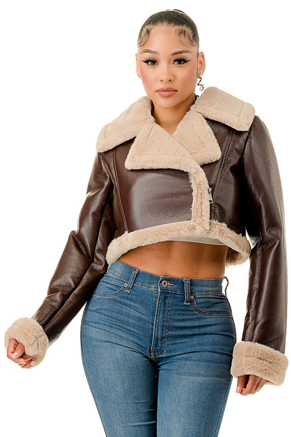 J779 - Asymmetrical Closure Cropped Leather Jacket