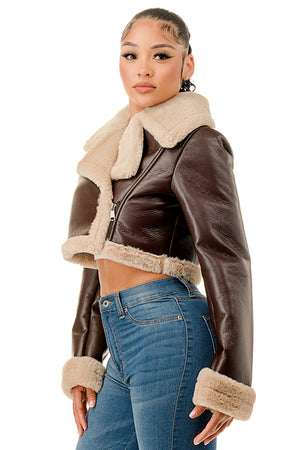 J779 - Asymmetrical Closure Cropped Leather Jacket