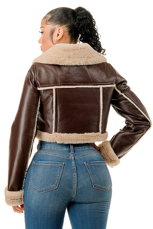 J779 - Asymmetrical Closure Cropped Leather Jacket