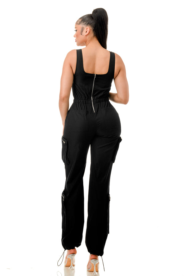 RJ1265 - Sleeveless Twill Cargo Jumpsuit