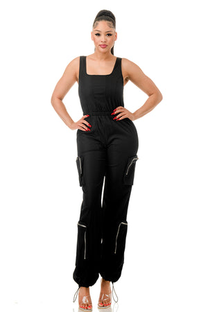 RJ1265 - Sleeveless Twill Cargo Jumpsuit