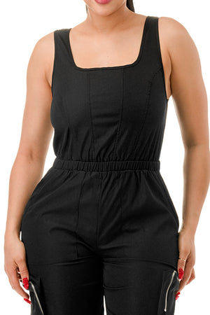 RJ1265 - Sleeveless Twill Cargo Jumpsuit