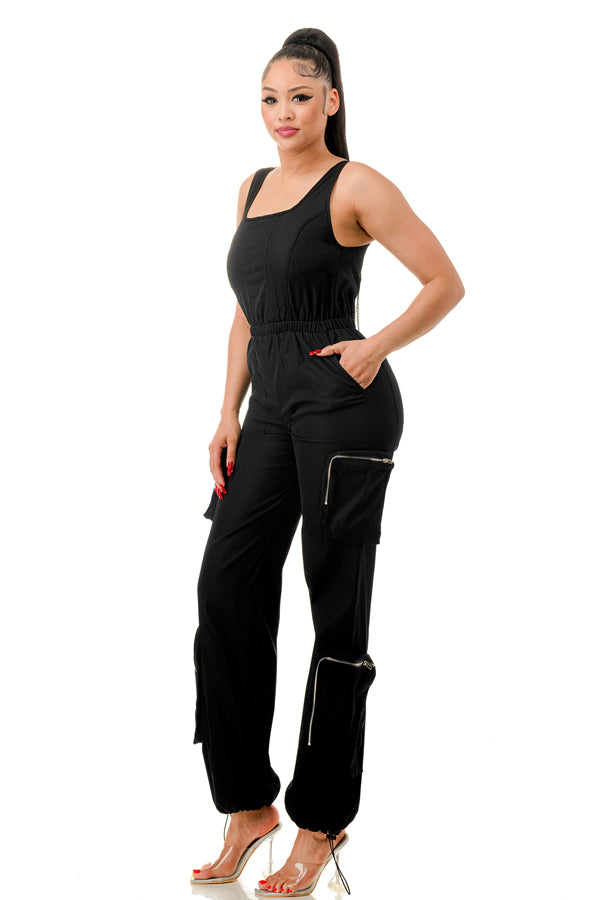 RJ1265 - Sleeveless Twill Cargo Jumpsuit