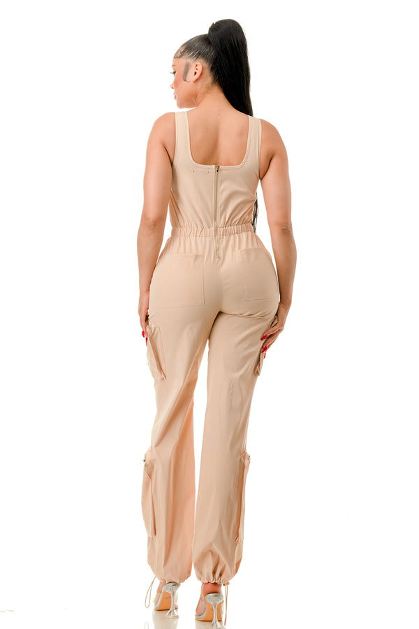 RJ1265 - Sleeveless Twill Cargo Jumpsuit