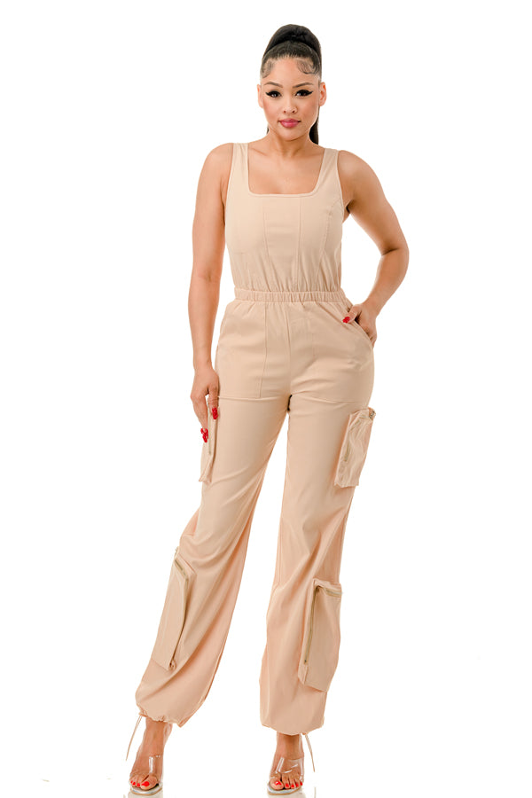 RJ1265 - Sleeveless Twill Cargo Jumpsuit