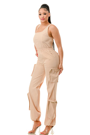 RJ1265 - Sleeveless Twill Cargo Jumpsuit