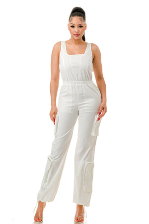 RJ1265 - Sleeveless Twill Cargo Jumpsuit