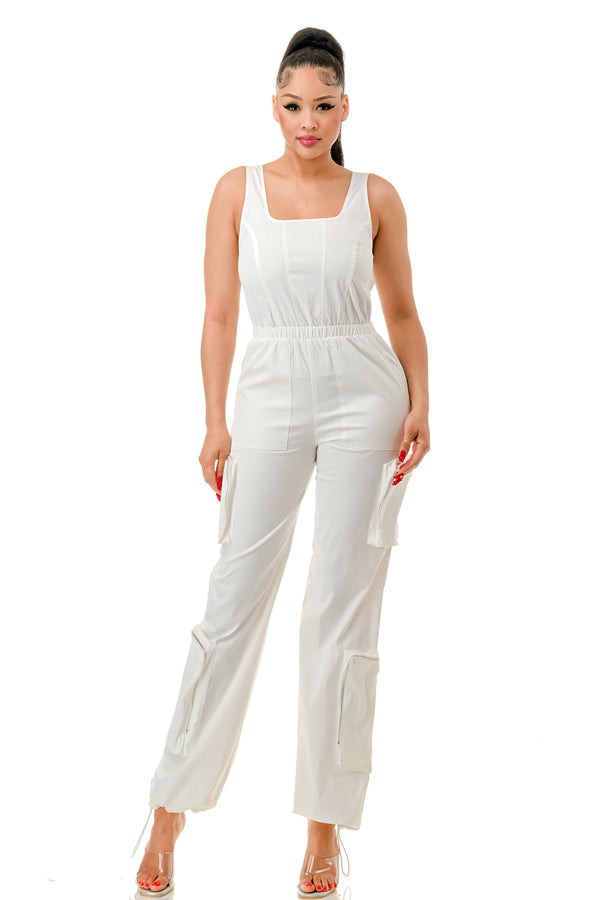 RJ1265 - Sleeveless Twill Cargo Jumpsuit