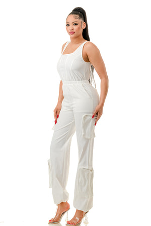 RJ1265 - Sleeveless Twill Cargo Jumpsuit