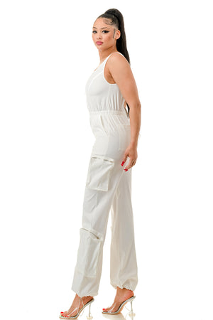 RJ1265 - Sleeveless Twill Cargo Jumpsuit