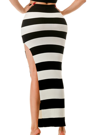 SW3070 - Striped Ribbed Knit Crop Top and Maxi Skirt Set