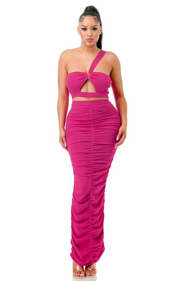 SW3395 - One Shoulder Crop Top and Ruched Maxi Skirt Set