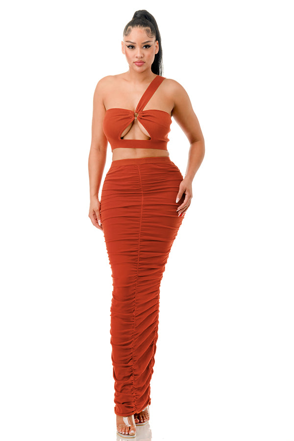SW3395-One Shoulder Crop Top and Ruched Maxi Skirt Set