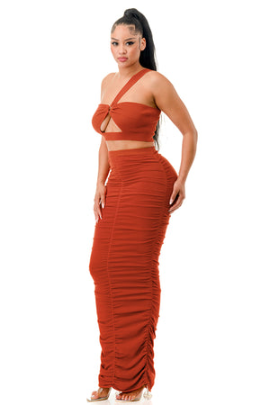 SW3395-One Shoulder Crop Top and Ruched Maxi Skirt Set