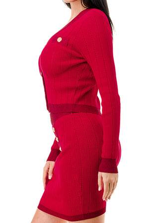 SW3825-Long Sleeve Cardigan and Mini Skirt Knit Set