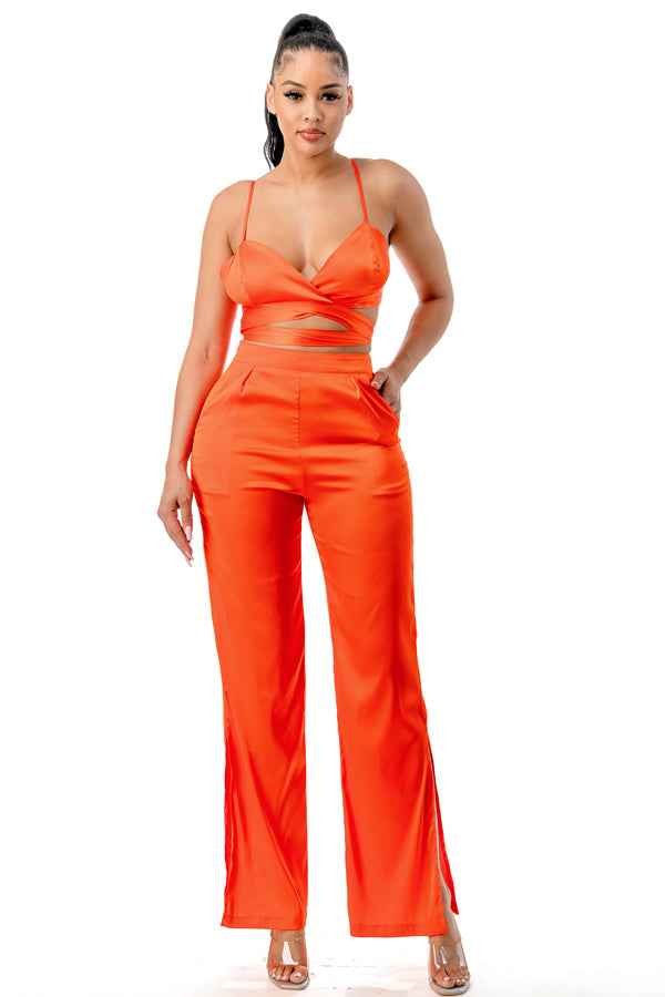 TP1144 - Bralette Wrap Top and Flare Pants Satin Set