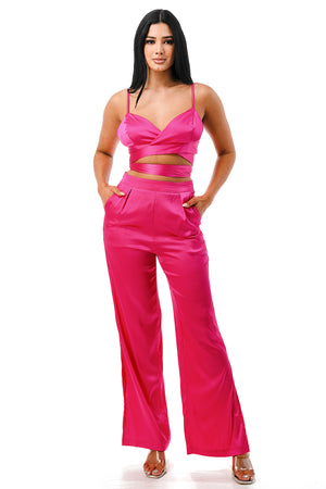 TP1144 - Bralette Wrap Top and Flare Pants Satin Set