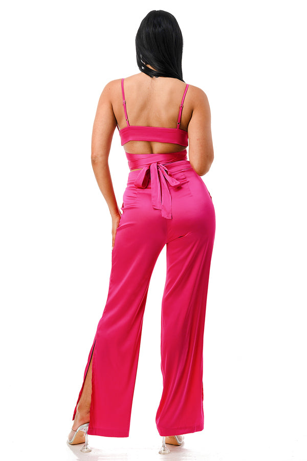 TP1144 - Bralette Wrap Top and Flare Pants Satin Set