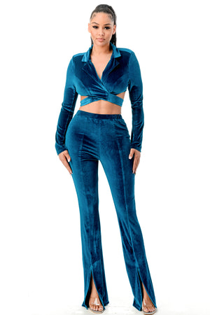 TP1177 - Long Sleeve Top and Flare Leg Pants Velvet Set