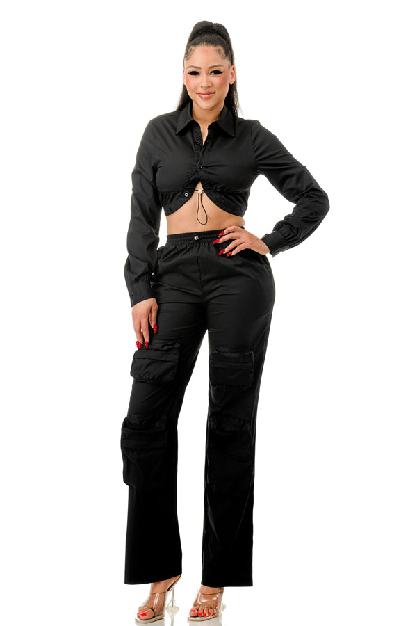 J269 - Woven Button Up Blouse and Cargo Pants Set