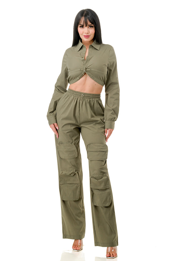 TP1282 - Woven Button Up Blouse and Cargo Pants Set