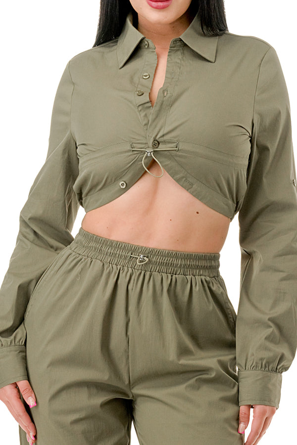 J269 - Woven Button Up Blouse and Cargo Pants Set