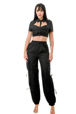 TP1289 - Button Up Collared Crop Top and Jogger Cargo Pants Set